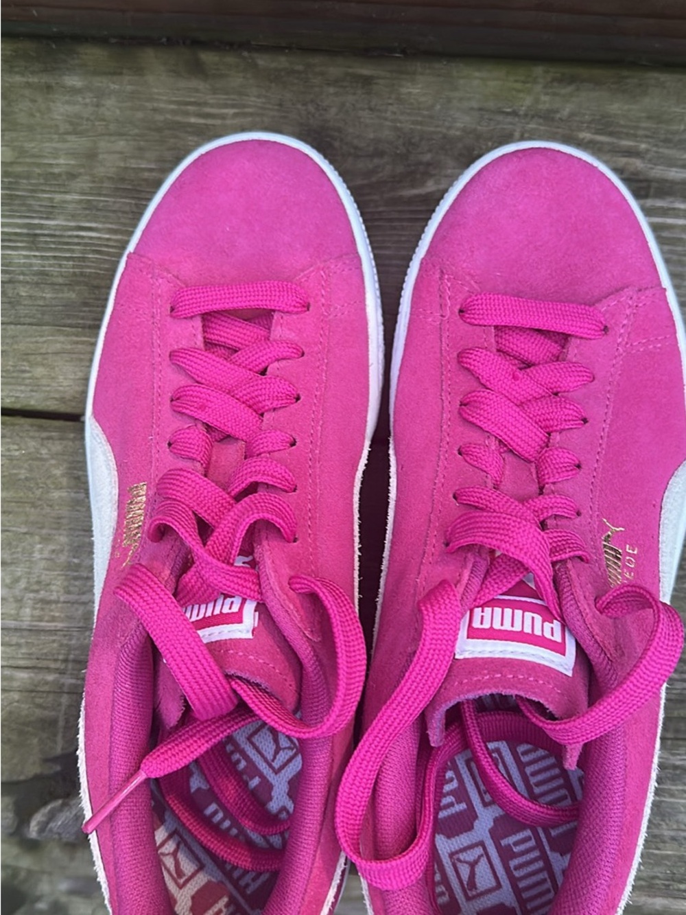Puma Women's Suede Low-Top Sneakers in Hot Pink with White Stripe